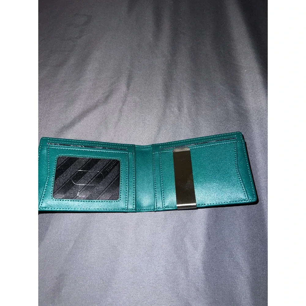Runbox Mens Slim Bifold Wallet Carbon Fiber Black Teal with Money Clip ID Window